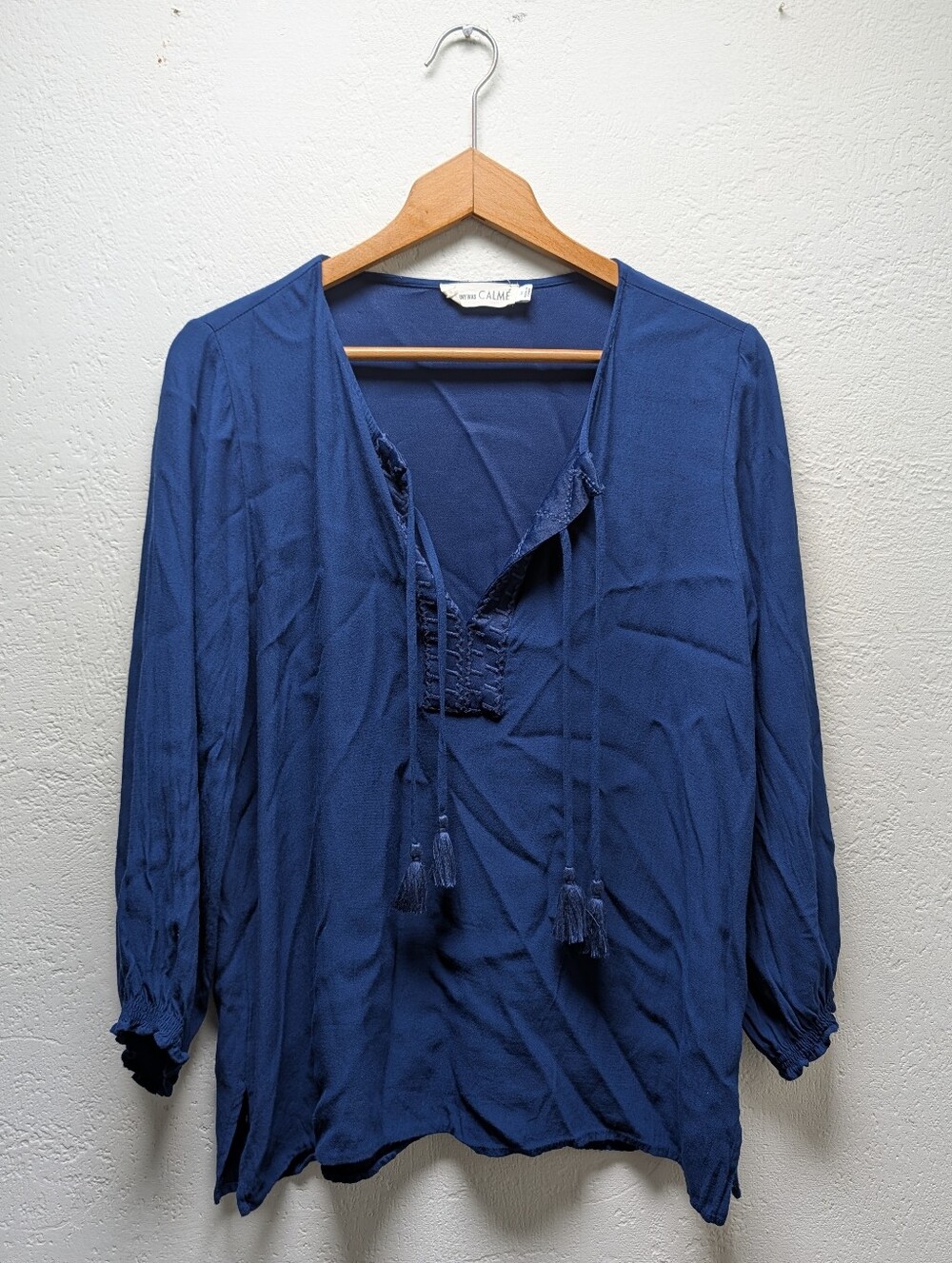 Johnny Was CALMÉ Women's Blue V-Neck Tasseled Tie Tunic Blouse Woven Viscose M